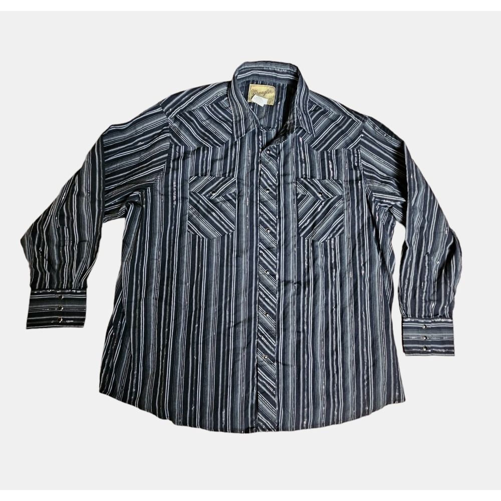 Wrangler Western Fashion Snap‎ Shirt Striped Metallic Mens 2XL Black Cowboy